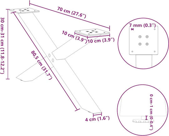 vidaXL Metallische Möbelbeine 2 Stück Für Tisch / Beistelltisch / Büro 70x30x30cm Anthrazit