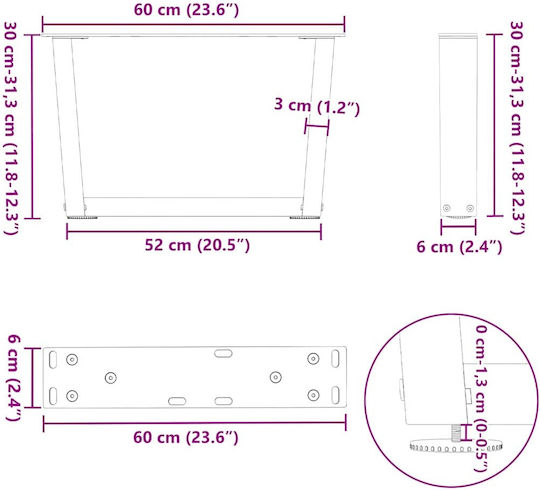 vidaXL Metallic Furniture Leg 2 Pieces Suitable for Table Coffee Table Office 60x30cm Brown
