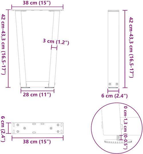 vidaXL Metallic Furniture Leg 2 Pieces Suitable for Table / Coffee Table / Office 38x42cm Brown