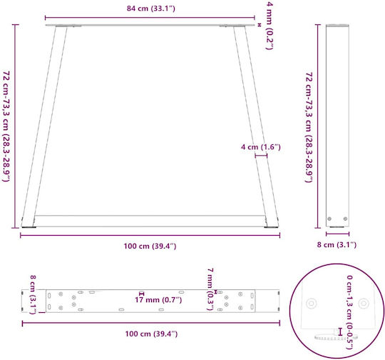 vidaXL Metallic Furniture Leg 2 Pieces Suitable for Table / Coffee Table / Office 100x72cm Brown