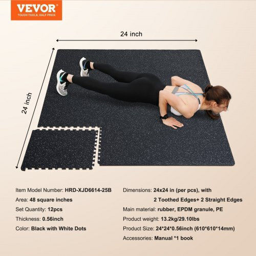 Vevor Rubber Gym Floor Puzzle Mat Black 12pcs