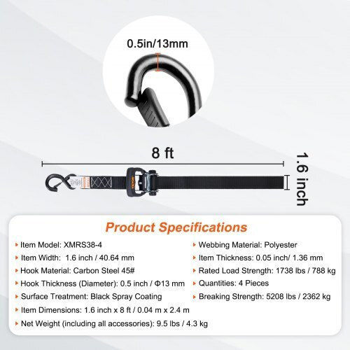Vevor Σετ 4 Ιμάντες Δεσίματος Καστάνια Αντοχή 5208 Lb 1.6" X 8' Μεταφορές & Ασφάλιση Φορτίου Xgjldxgs16x84kegnv0