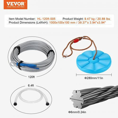 Vevor Zipline Set Kids Adults 120 Ft Up to 500 Lb Quick Installation Safety Fun in the Backyard Bxghstj120ycsiinxv0
