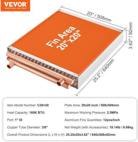 Vevor Schimbător de Căldură Apă-Aer 20"x20" 3 Rânduri Cpgshrq202001r9uuv0