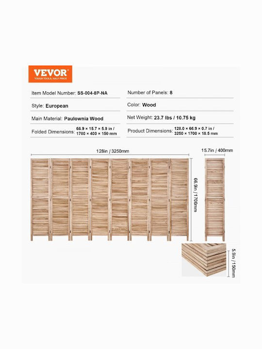 Vevor Διακοσμητικό Παραβάν Ξύλινο 325x170cm