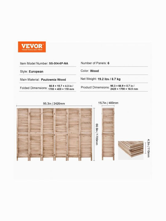 Vevor Decorative Room Divider Wooden 242x170cm