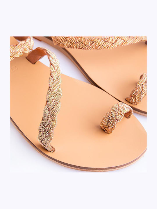 Leder Flache Sandalen für Damen mit Riemen Gold Raffia