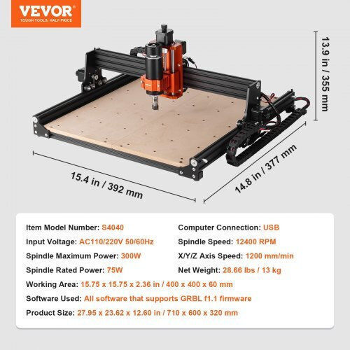 Vevor CNC Router Machine 400x400x60mm 300W 3 Axes Grbl 1200rpm Offline Controller Wood Acrylic MDF PVC Plastic Foam Skdkj4040cm04tpdjv2