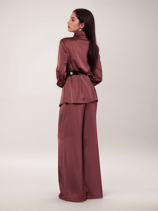 Set Long-Sleeve Shirt Wide-Leg Trousers Elastic Waist Wine Ginger 15-065