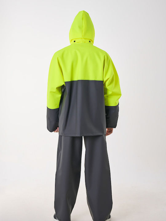 Costum Anorak Impermeabil Bicolor cu Glugă Autostradă Lung Galben Fluorescent-Negru
