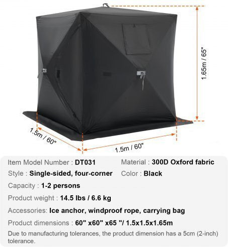 Vevor Winter Fishing Tent Pop Up Black for 2 People 165x150x165cm Fishing Tent