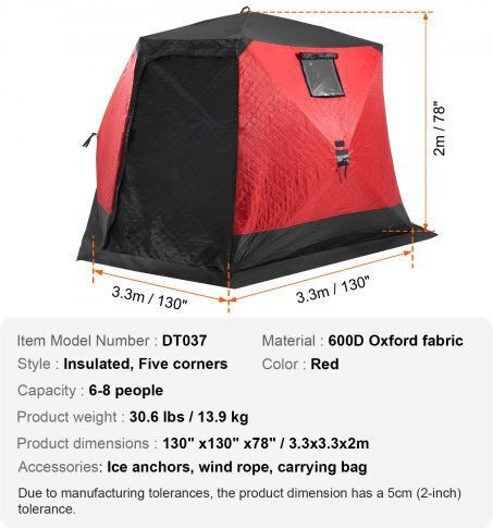 Vevor Σκηνή Ψαρέματος Pop Up Κόκκινη για 8 Άτομα 330x330x200εκ. Σκηνή Ψαρέματος