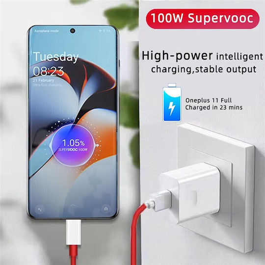 OnePlus Φορτιστής με Θύρα USB-A και Καλώδιο USB-C 100W Power Delivery Λευκός (SUPERVOOC)