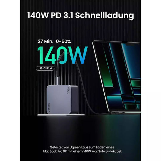 Ugreen Charger GaN with USB-A Port and 3 USB-C Ports and Cable USB-C - USB-C 160W Power Delivery Blacks (Nexode Pro)