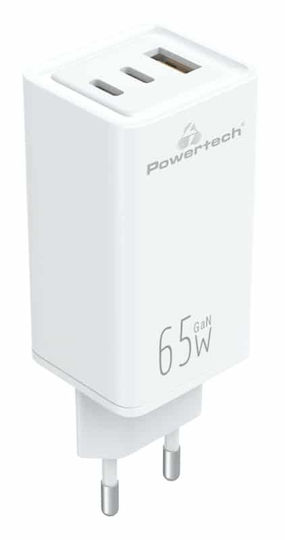 Powertech Încărcător Fără Fir GaN cu Port USB-A și 2 Porturi USB-C 65W Livrarea Energiei / Quick Charge 4.0 Alb (PT-1094)