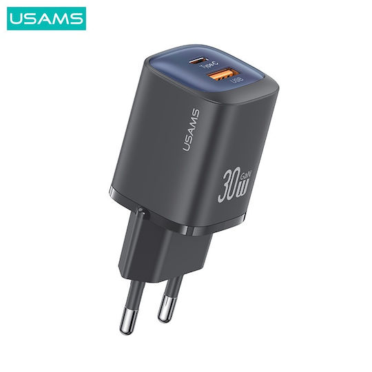 Usams Charger Without Cable GaN with USB-A Port and USB-C Port 30W Power Delivery / Quick Charge 3.0 Blacks (CC254)