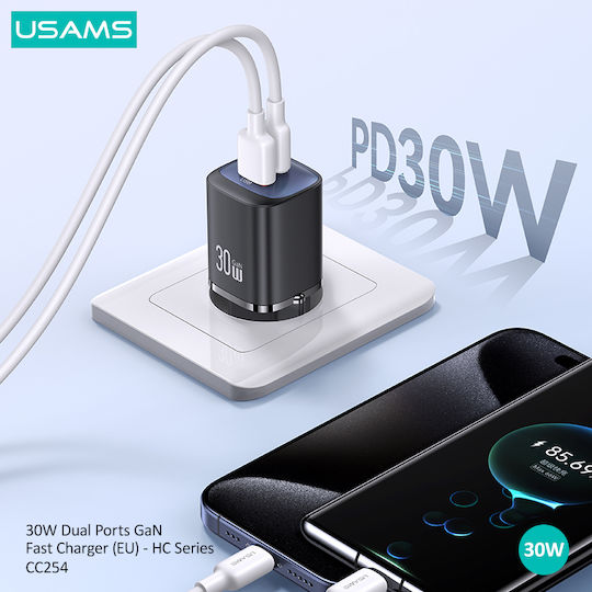 Usams Charger Without Cable GaN with USB-A Port and USB-C Port 30W Power Delivery / Quick Charge 3.0 Blacks (CC254)