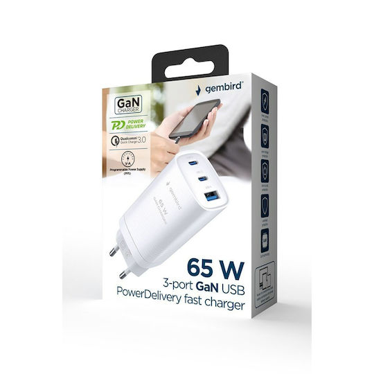 Gembird Wireless Charger GaN With USB-A Port And 2 USB-C Ports 65W Power Delivery Quick Charge 3.0 White (TA-UC-PDQC65-01-W)