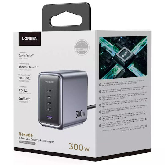 Ugreen Βάση Φόρτισης GaN με Θύρα USB-A και 4 Θύρες USB-C 300W Power Delivery σε Μαύρο χρώμα (Nexode)