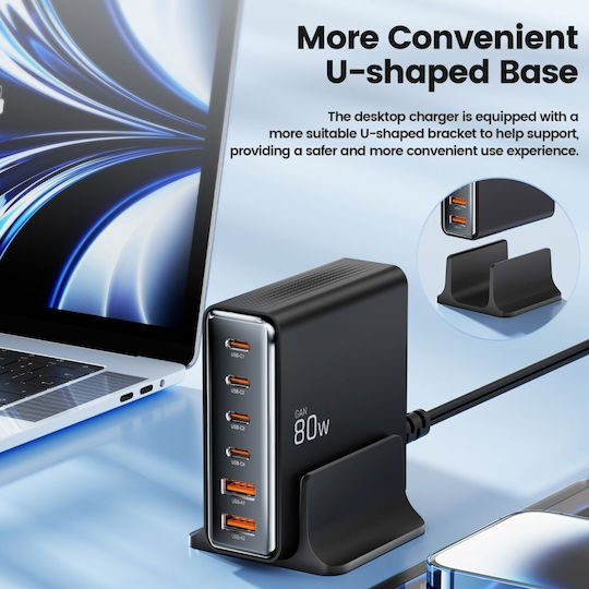 Tech-Protect Βάση Φόρτισης GaN με 2 Θύρες USB-A και 4 Θύρες USB-C 80W Power Delivery / Quick Charge 3.0 σε Μαύρο χρώμα
