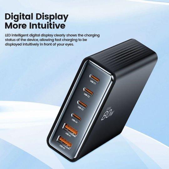 Tech-Protect Βάση Φόρτισης GaN με 2 Θύρες USB-A και 4 Θύρες USB-C 80W Power Delivery / Quick Charge 3.0 σε Μαύρο χρώμα