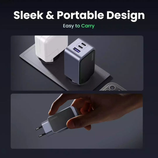 Ugreen Charger Without Cable GaN with USB-A Port and 2 USB-C Ports 65W Power Delivery / Quick Charge 3.0 Gray (Nexode Air)
