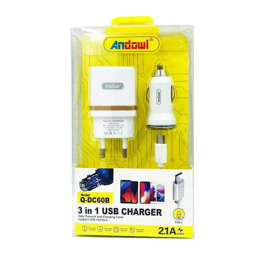 Andowl Σετ Αυτοκίνητου και Πρίζας με Θύρα USB-A και Καλώδιο USB-C Λευκός (Q-DC60B)