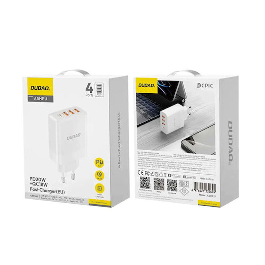 Dudao Φορτιστής Χωρίς Καλώδιο με 3 Θύρες USB-A και Θύρα USB-C 20W Power Delivery / Quick Charge 3.0 Λευκός (A5HEU)