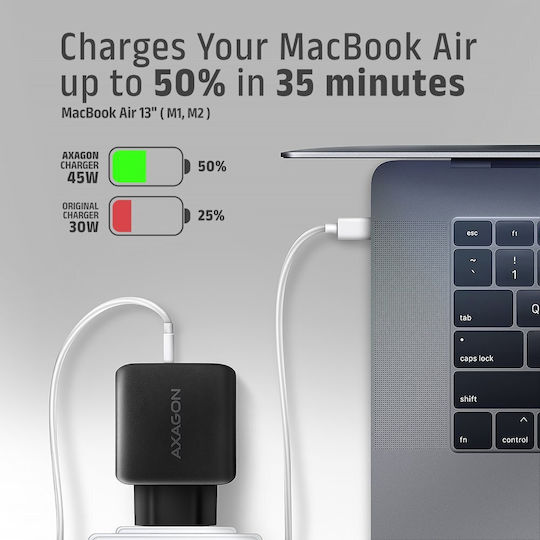 Axagon Зарядно без кабел GaN с USB-A порт и USB-C порт 45W Power Delivery / Quick Charge 3.0 / Quick Charge 4.0 Черен (ΑCU-ΡQ45)