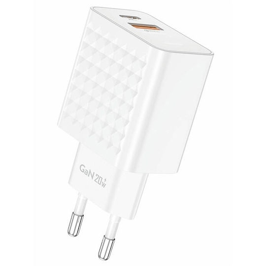 Foneng Φορτιστής Χωρίς Καλώδιο GaN με Θύρα USB-A και Θύρα USB-C 20W Power Delivery / Quick Charge 3.0 Λευκός (EU42)