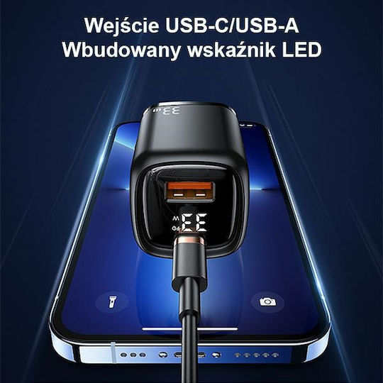 Usams Charger Without Cable with USB-A Port and USB-C Port 33W Power Delivery / Quick Charge 3.0 Blacks (CC152)