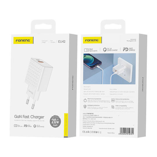 Foneng Φορτιστής Χωρίς Καλώδιο GaN με Θύρα USB-A και Θύρα USB-C 20W Power Delivery / Quick Charge 3.0 Λευκός (EU42)