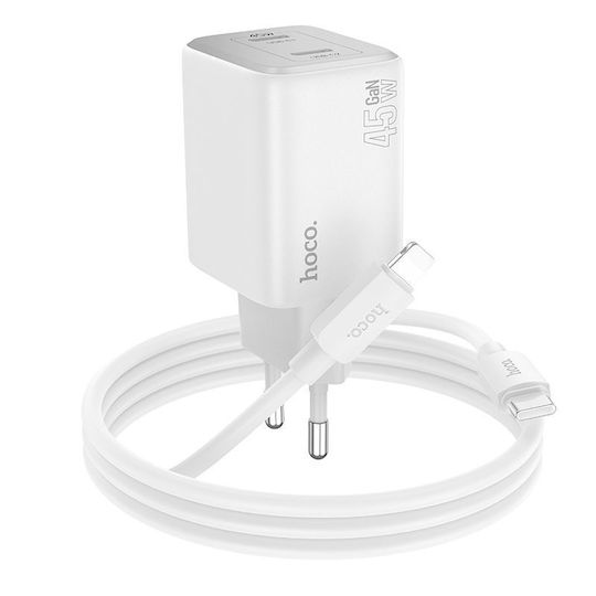 Hoco Ladegerät GaN mit 2 USB-C Anschlüsse und Kabel USB-C - Lightning 45W Stromlieferung Weißs (N42)