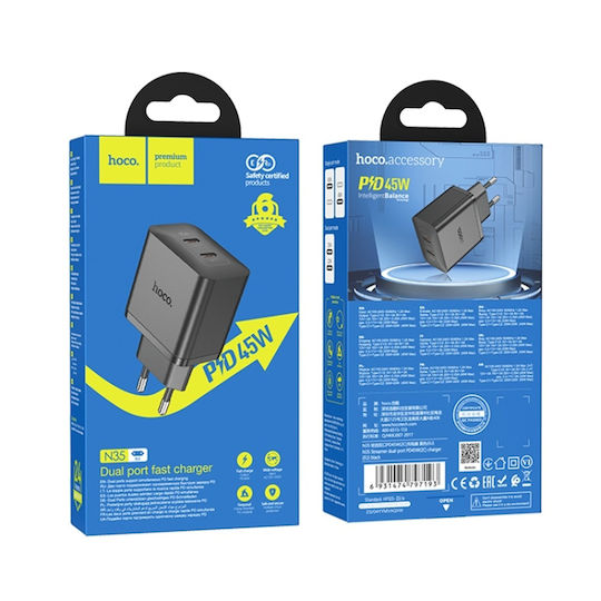 Hoco Φορτιστής Χωρίς Καλώδιο με 2 Θύρες USB-C 45W Power Delivery Μαύρος (N35 Streamer)