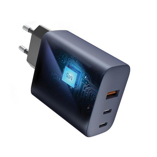 Forcell Ladegerät ohne Kabel mit USB-A Anschluss und 2 USB-C Anschlüsse 65W Stromlieferung / Schnellaufladung 4.0 Gray