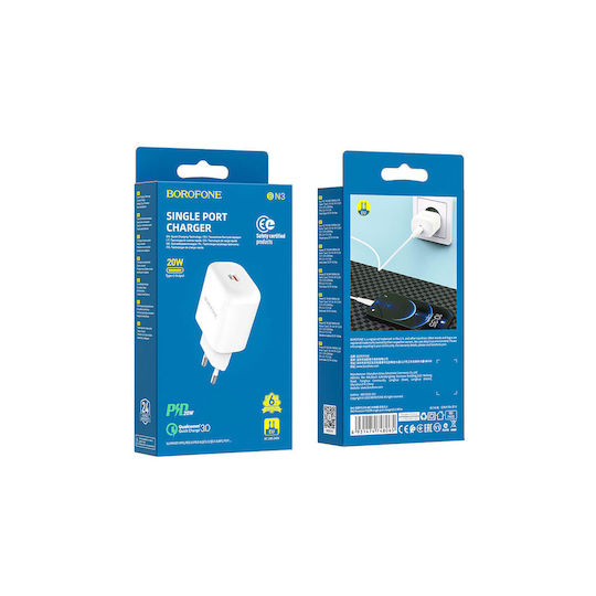 Borofone Charger Without Cable with USB-C Port 20W Power Delivery / Quick Charge 3.0 Whites (BN3)