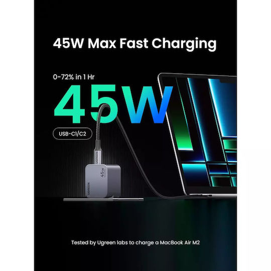 Ugreen Φορτιστής Χωρίς Καλώδιο GaN με 2 Θύρες USB-C 45W Power Delivery / Quick Charge 3.0 Γκρι (Nexode Pro)