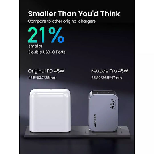 Ugreen Φορτιστής Χωρίς Καλώδιο GaN με 2 Θύρες USB-C 45W Power Delivery / Quick Charge 3.0 Γκρι (Nexode Pro)