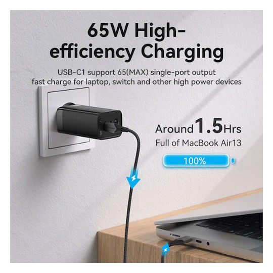 Vention Φορτιστής Χωρίς Καλώδιο GaN με Θύρα USB-A και 2 Θύρες USB-C 65W Quick Charge 3.0 / Power Delivery Μαύρος (FEDB0-EU)