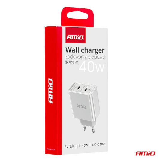 AMiO Încărcător Fără Cablu cu 2 Porturi USB-C 40W Albς (03892)