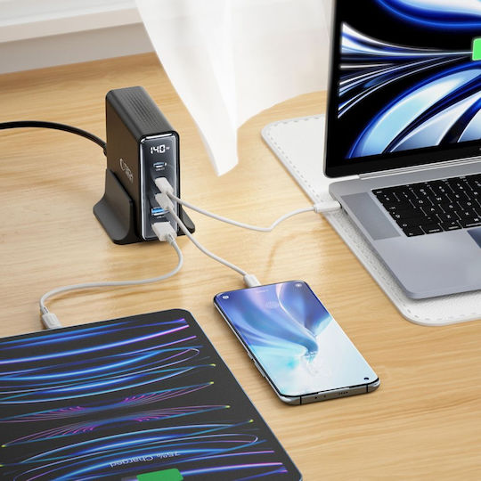 Tech-Protect Charging Stand with 2 USB-A Ports and 3 USB-C Ports and Cable micro USB 140W Quick Charge 3.0 / Power Delivery in Black color (DC140W-GAN)