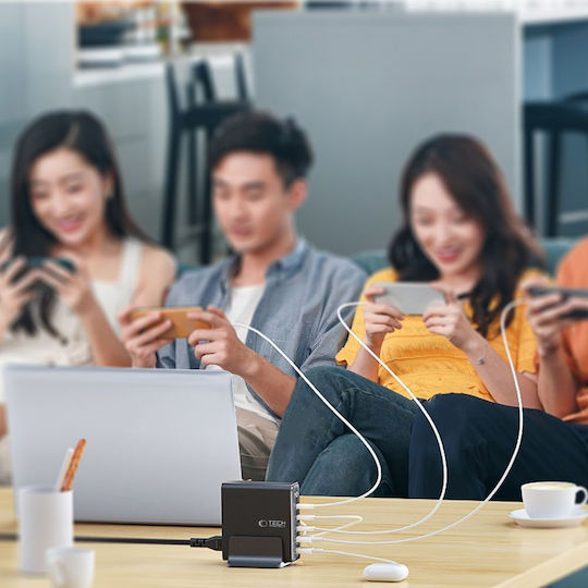 Tech-Protect Charging Stand with 2 USB-A Ports and 3 USB-C Ports and Cable micro USB 140W Quick Charge 3.0 / Power Delivery in Black color (DC140W-GAN)