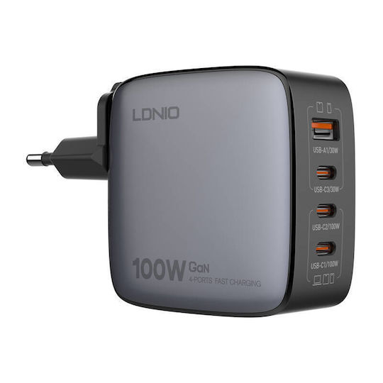 Ldnio Charger GaN with USB-A Port and 3 USB-C Ports and Cable USB-C - USB-C 100W Power Delivery / Quick Charge 3.0 Blacks (Q408 US)