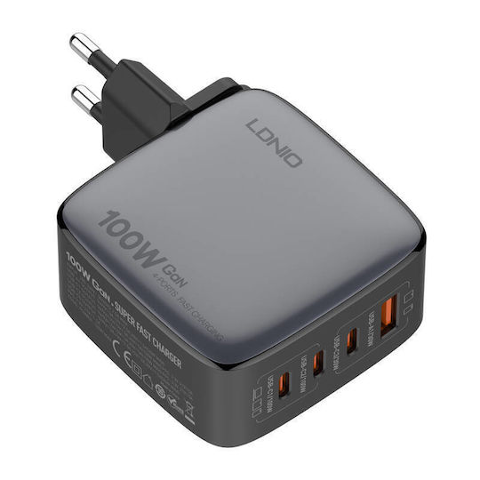 Ldnio Charger GaN with USB-A Port and 3 USB-C Ports and Cable USB-C - USB-C 100W Power Delivery / Quick Charge 3.0 Blacks (Q408 US)
