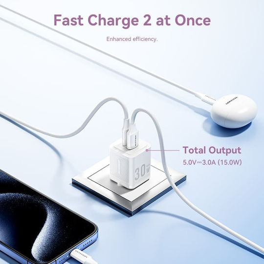 Vention Φορτιστής Χωρίς Καλώδιο GaN με Θύρα USB-A και Θύρα USB-C 30W Power Delivery / Quick Charge 3.0 Λευκός (FEQW0-EU)