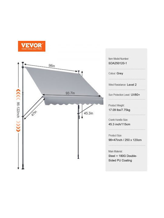 Vevor Τέντα Βεράντας Γκρι 2.5x1.2m