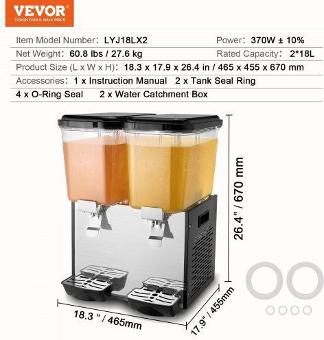 Vevor Doppel Getränkespender Kalt 2x18Es L46.5 x B45.5 x H67 cm
