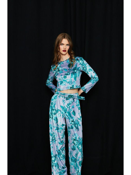 Γυναικείο Crop Top Βελούδινο Μακρυμάνικο Floral Λιλά-πετρόλ