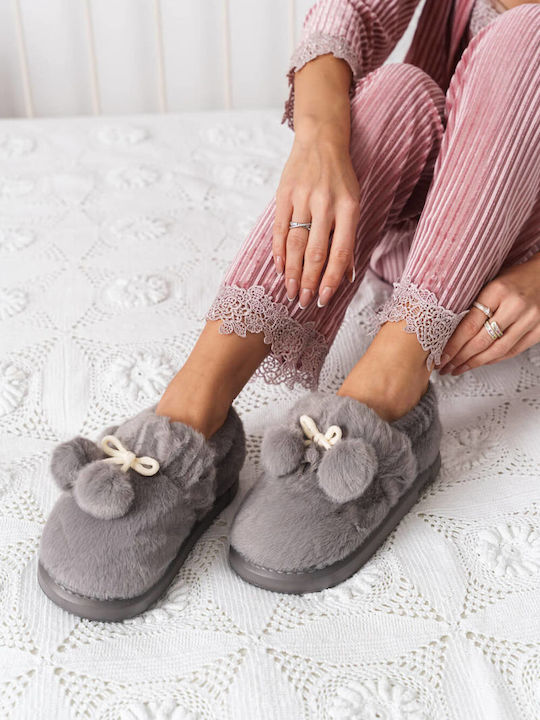 Gray Furry Pom Pom House Booties