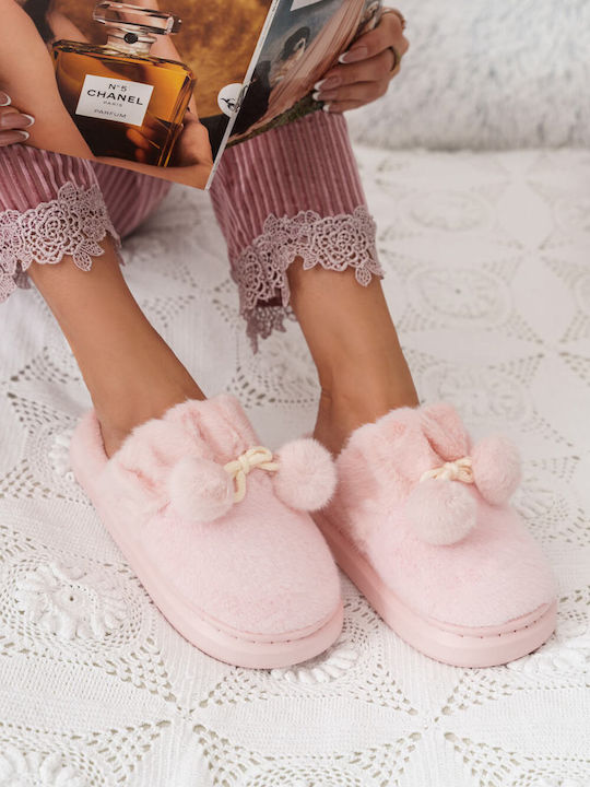 Pink Furry Home Slippers with Decorative Pom-poms